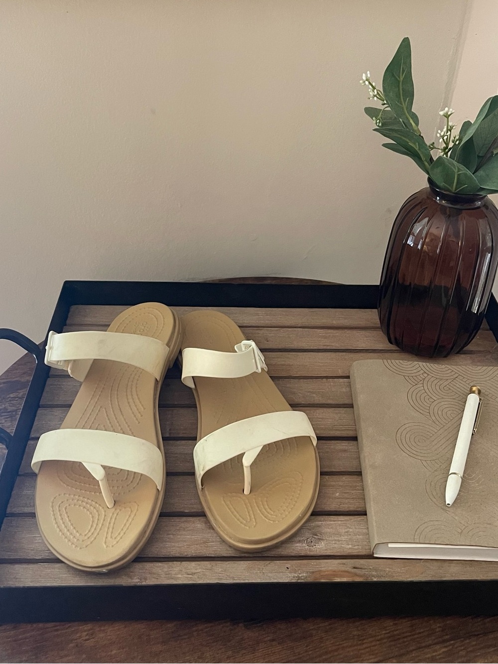 CROCS Women's White and Tan Two-Band Sandals